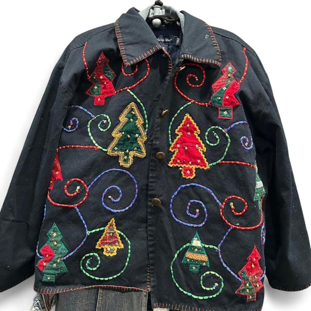 Womens Black‎ Christmas tree jacket with colorful embroidery and sequins Medium